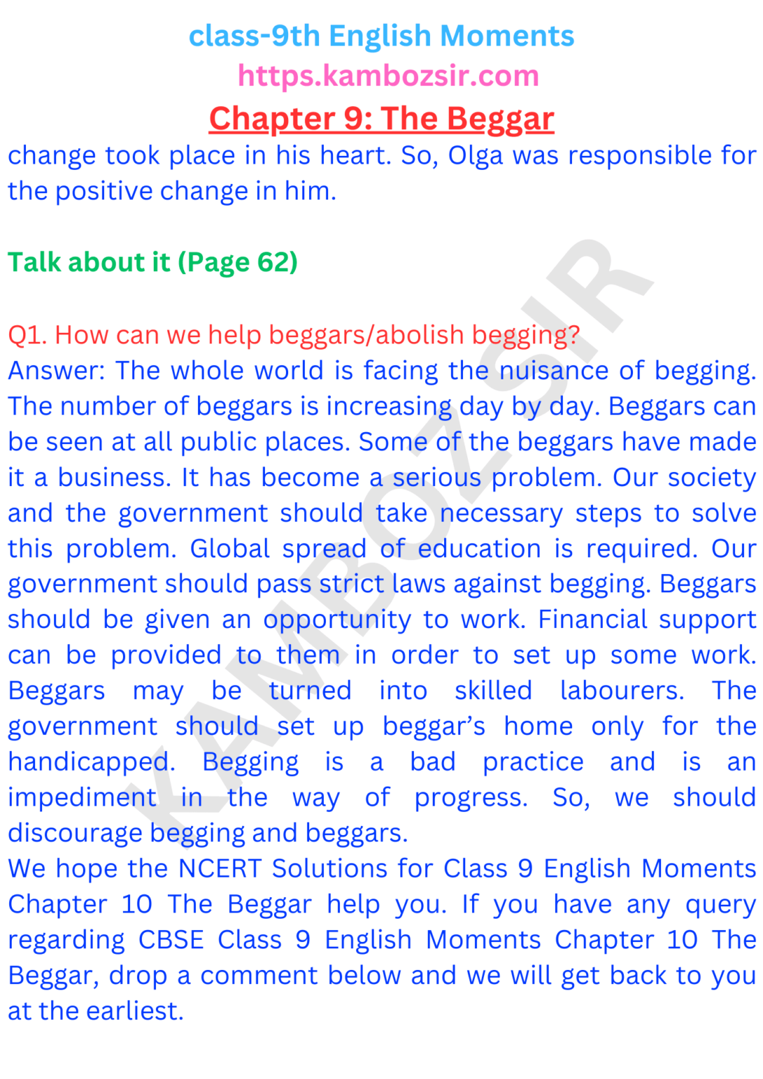 Class Th Moments Chapter The Beggar Solution Kamboz Sir