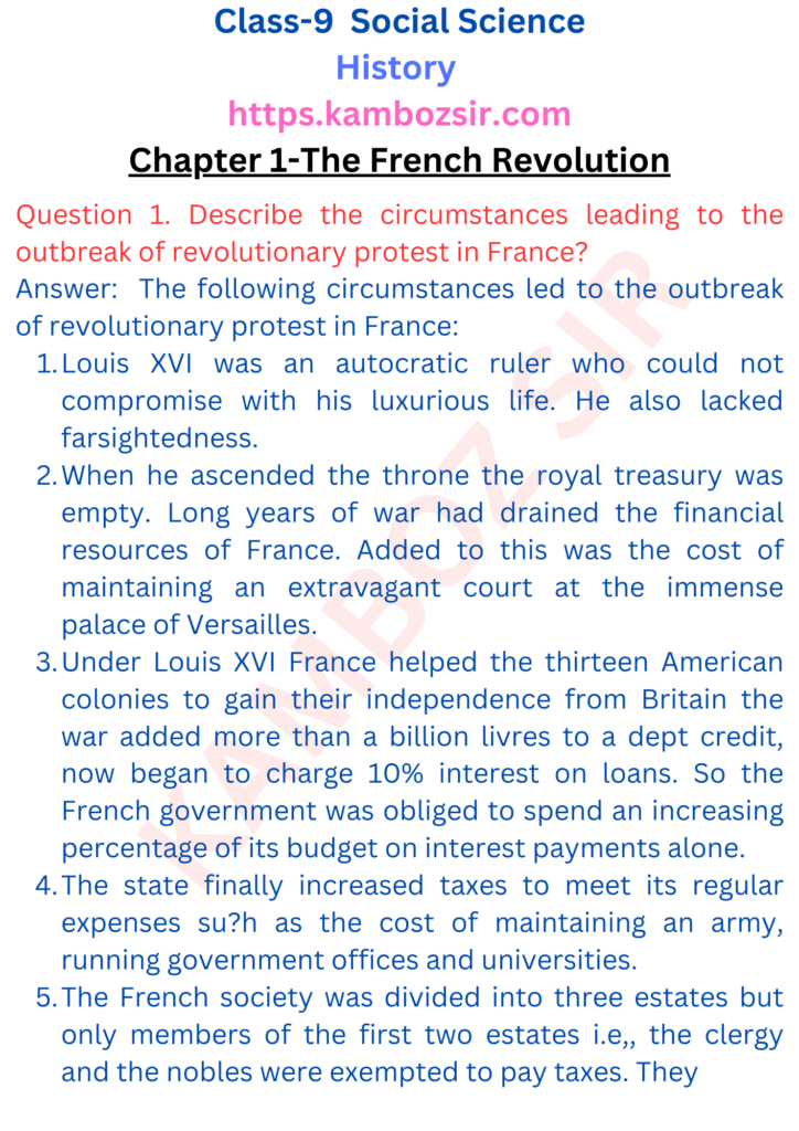 Class 9th History Chapter 1-The French Revolution Solution