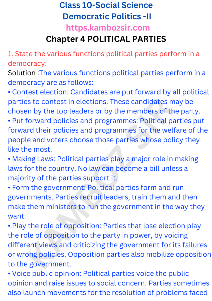 Class 10 Social Science Chapter 4-Political Parties Solution