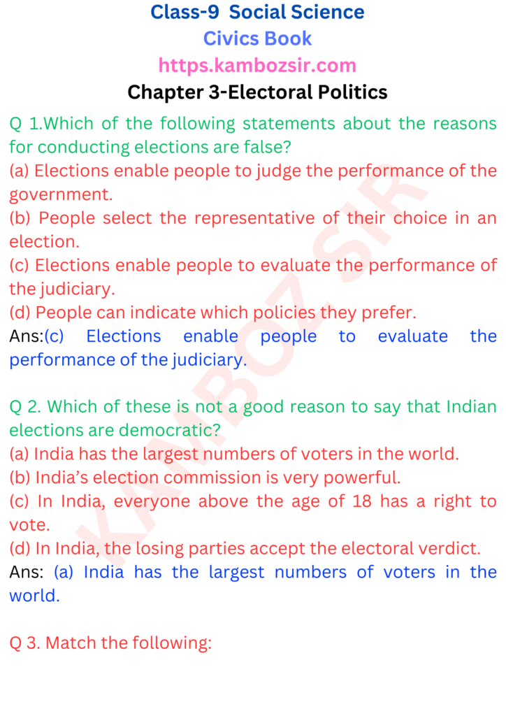 Class 9th Civics Chapter 3-Electoral Politics Solution