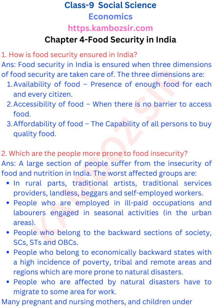 Class 9th Economics Chapter 4-Food Security in India Solution