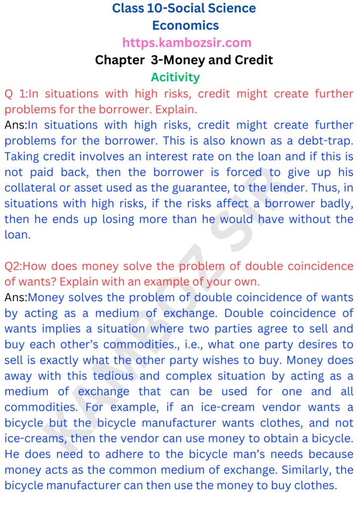 Class 10 Social Science Chapter 3-Money and Credit Solution
