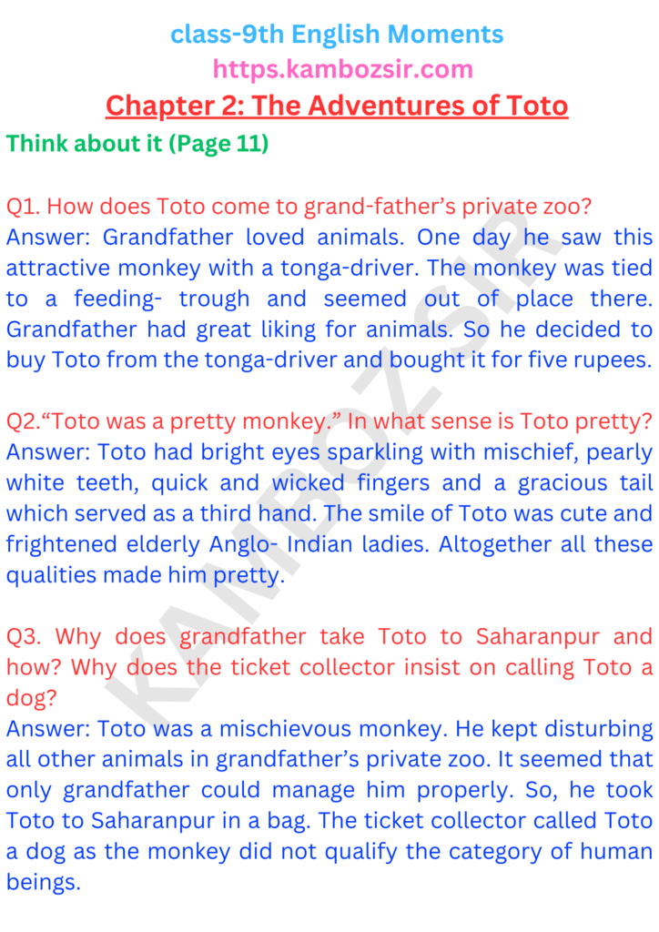 Class 9th Moments Chapter 2 The Adventures of Toto Solution