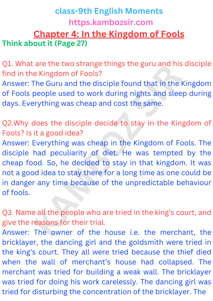 Class 9th Moments Chapter 4 In the Kingdom of Fools Solution