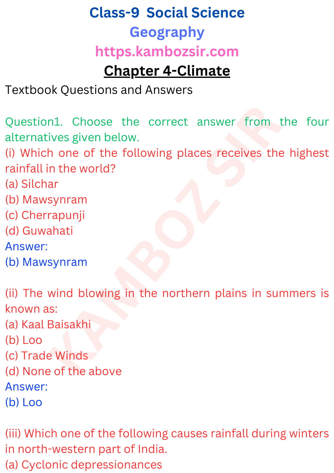 Class 20th Geography Chapter 20 Climate Solution   kamboz sir