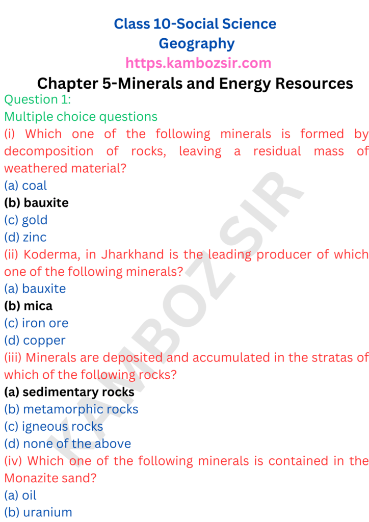 Class 10 Social Science Chapter 5-Minerals and Energy Resources Solution