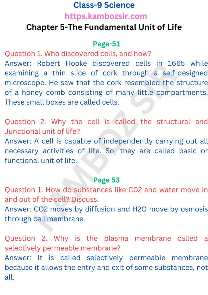Class 9th Science Chapter 5-The Fundamental Unit of Life Solution