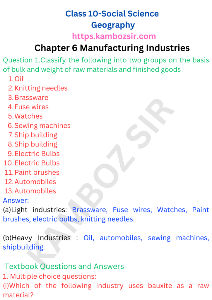 Class 10 Social Science Chapter 6-Manufacturing Industries Solution