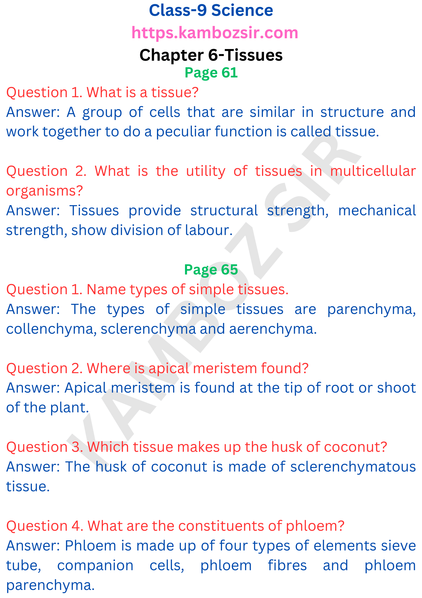 Class 9th Science Chapter 6-Tissues Solution - Kamboz Sir