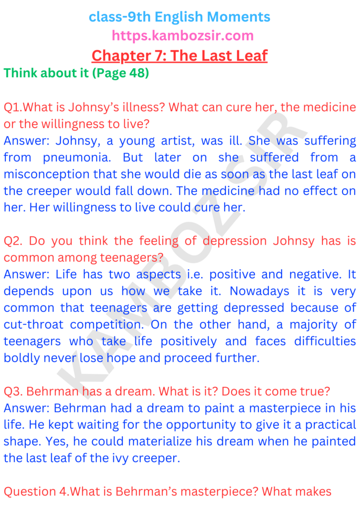 Class 9th Moments Chapter 7 The Last Leaf Solution