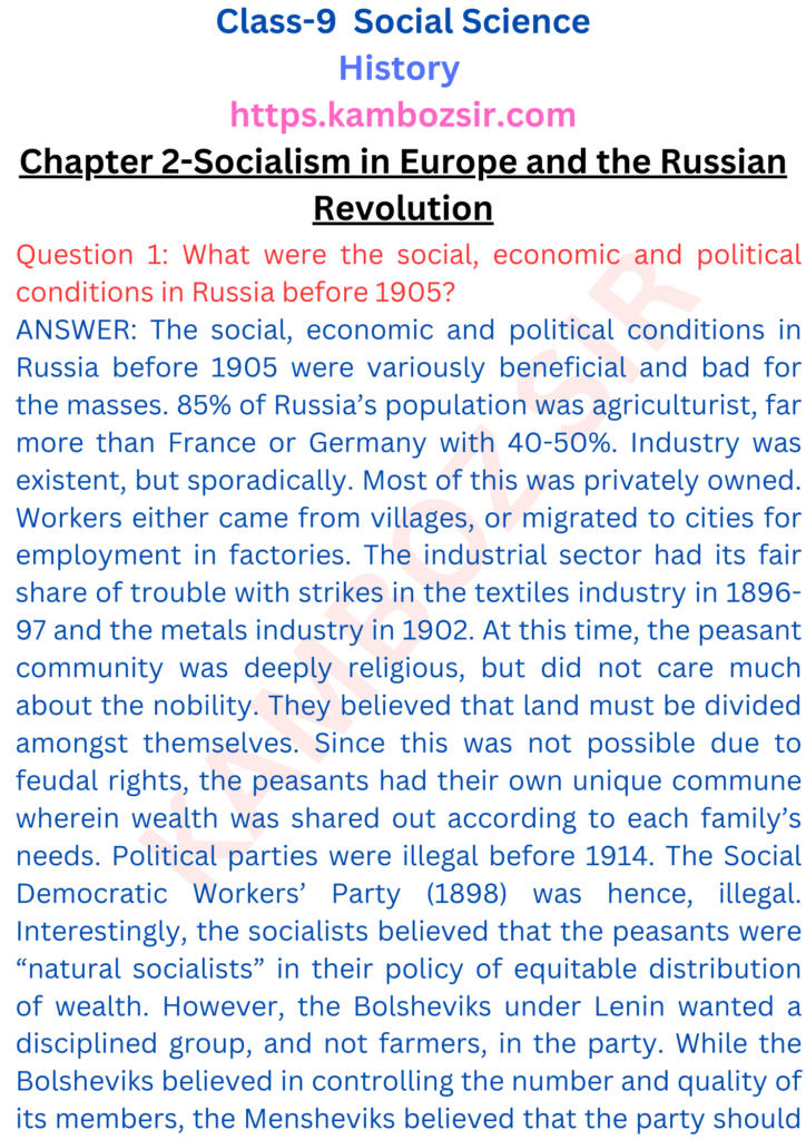 Class 9th History Chapter 2-Socialism in Europe and the Russian Revolution Solution