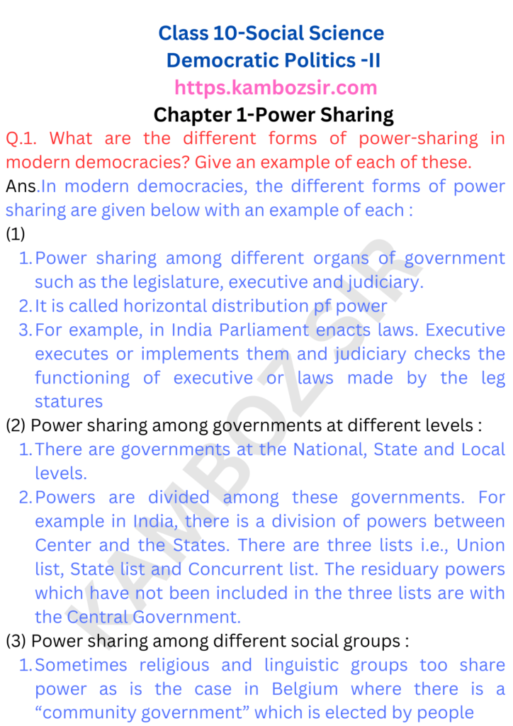 Class 10 Social Science Chapter 1-Power Sharing Solution