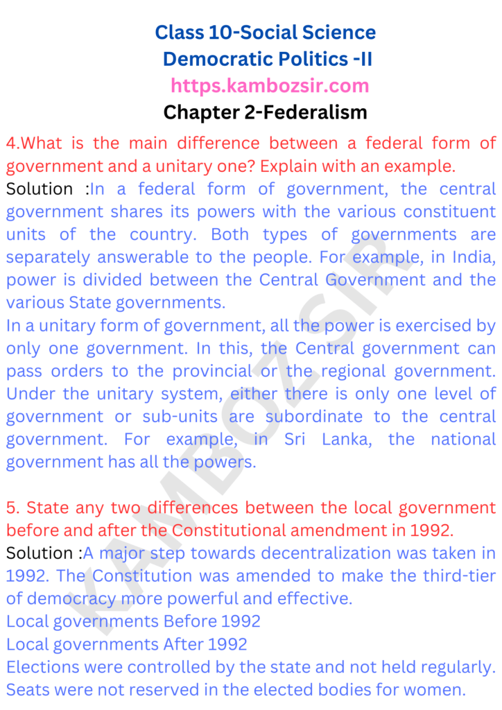 Class 10 Social Science Chapter 2-Federalism Solution