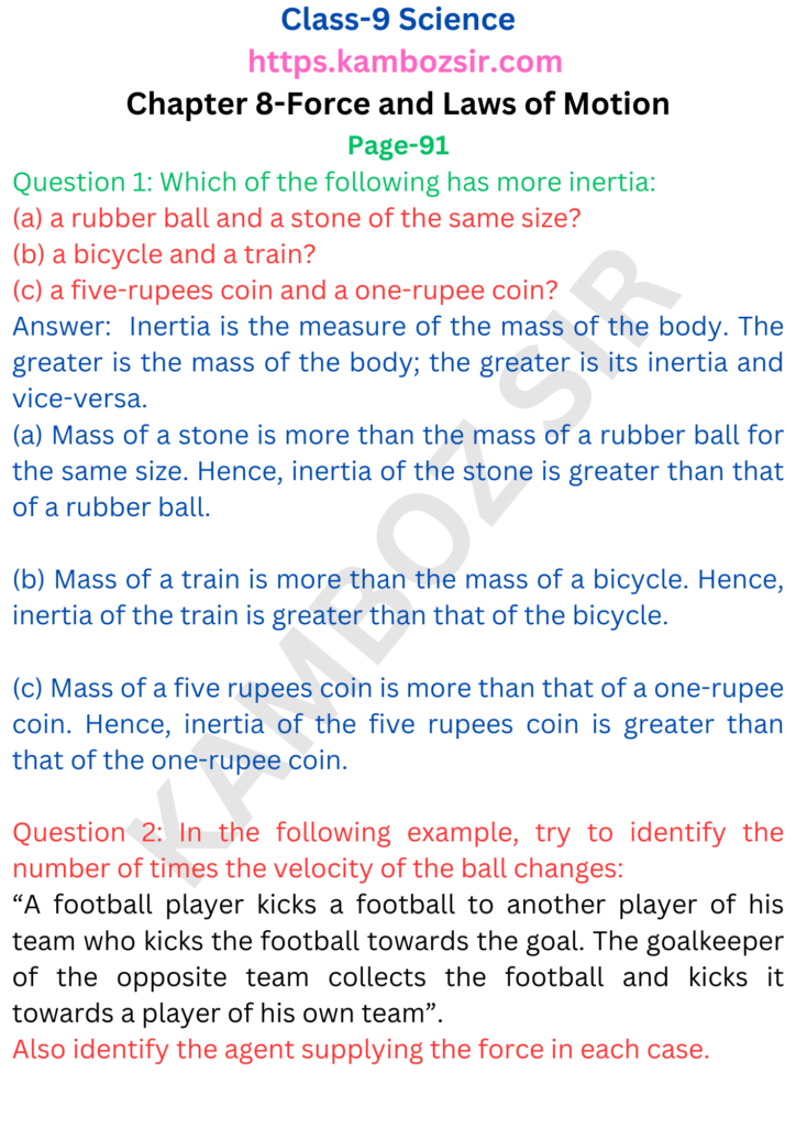 Class 9th Science Chapter 8-Force and Laws of Motion Solution