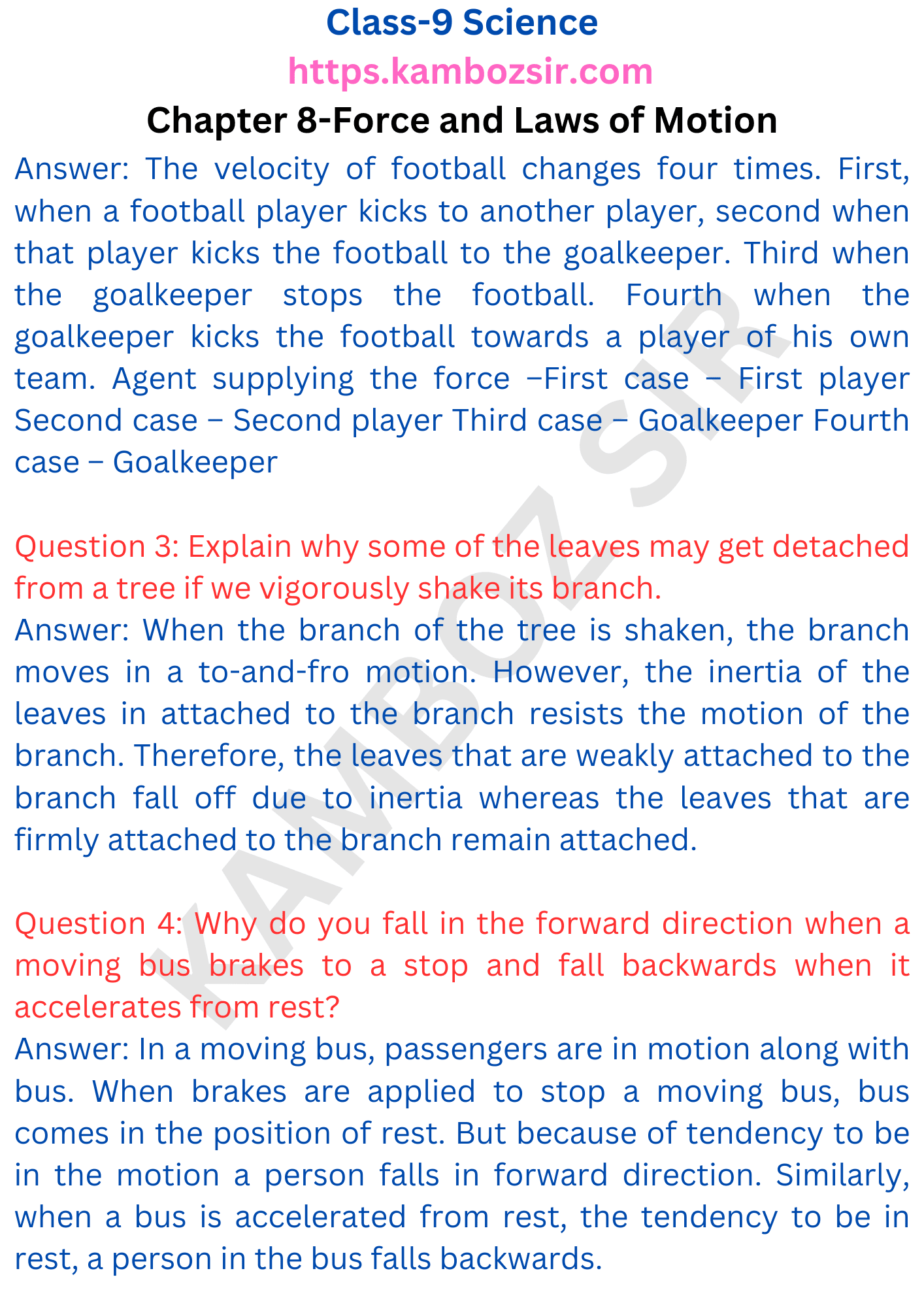 Class 9th Science Chapter 8-Force and Laws of Motion Solution - kamboz sir