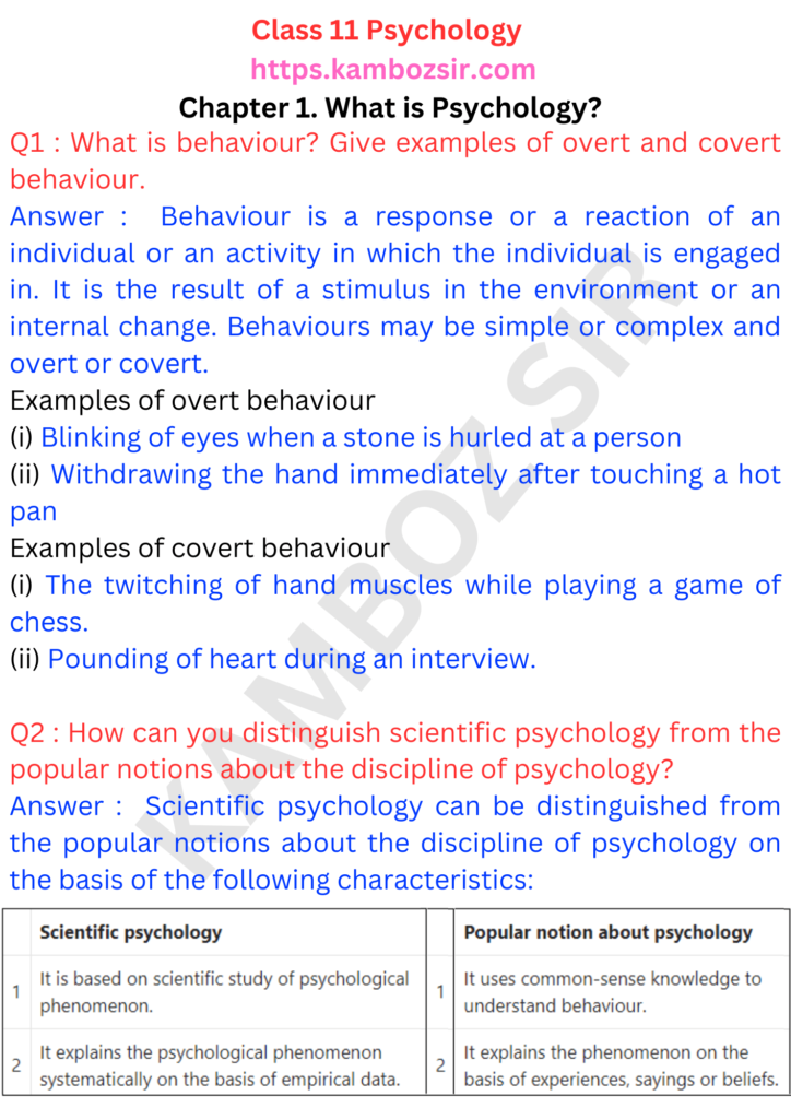 Class 11 Psychology Chapter 1. What is Psychology Solution