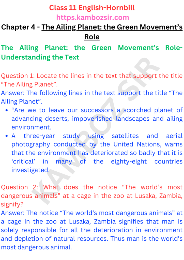 Class 11th English Chapter 4 - The Ailing Planet: the Green Movement’s Role Solution