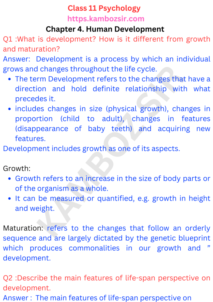 Class 11 Psychology Chapter 4. Human Development Solution