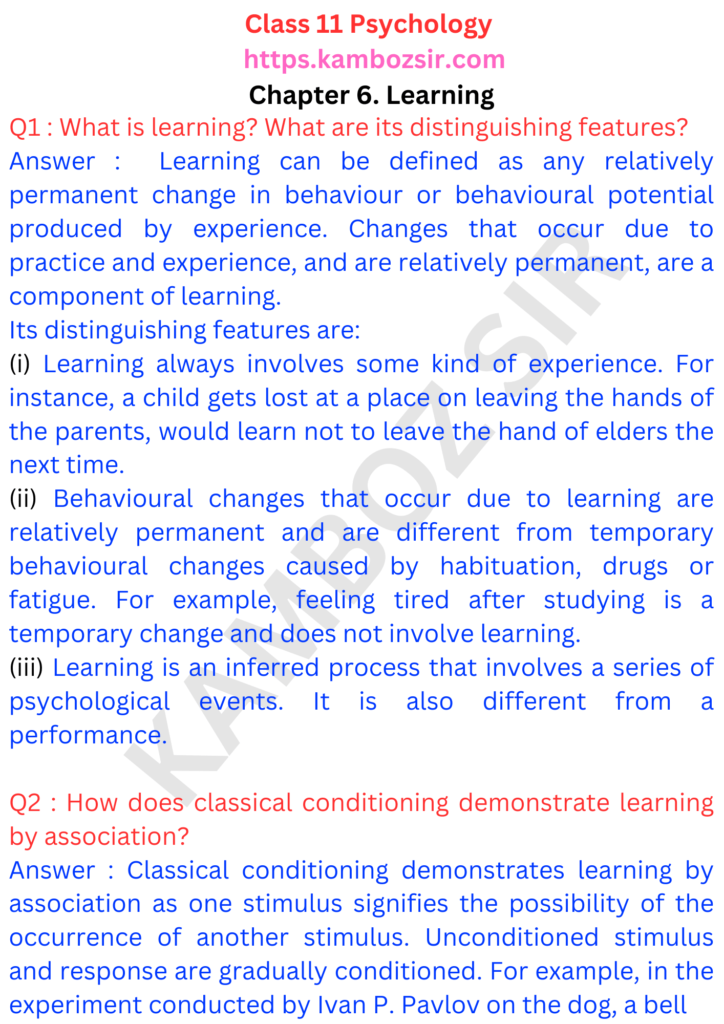 Class 11 Psychology Chapter 6. Learning Solution