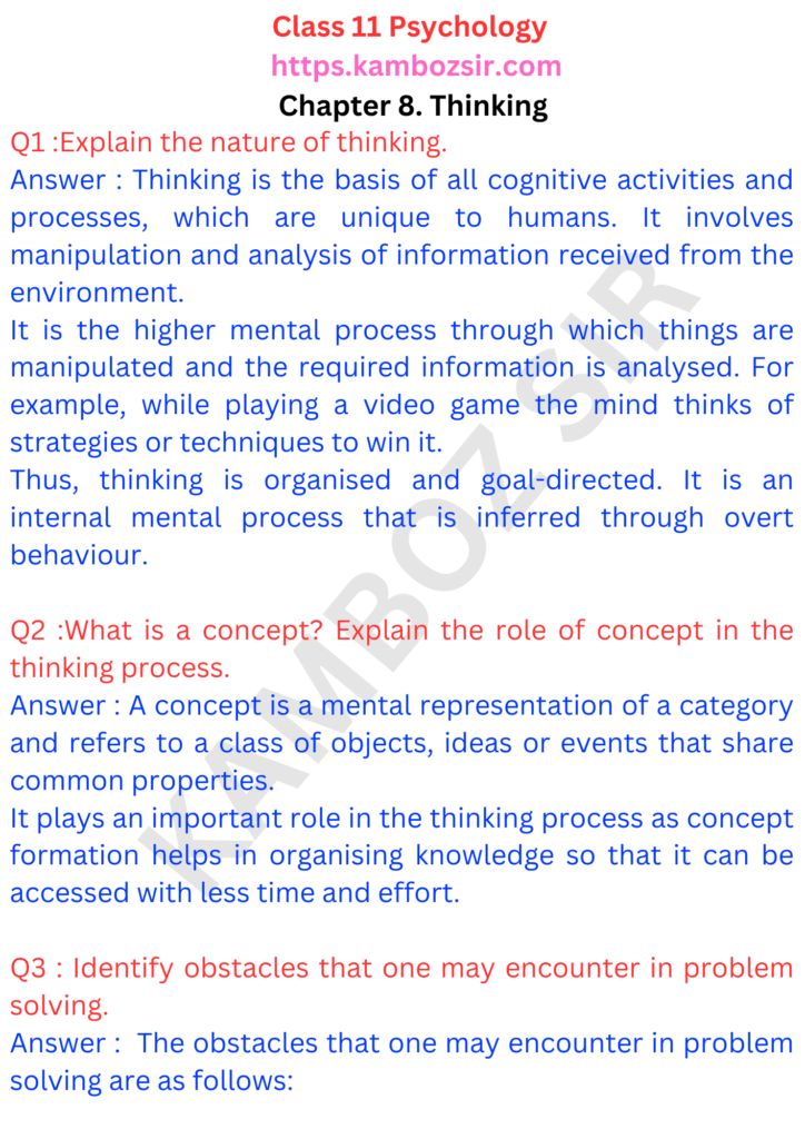 Class 11 Psychology Chapter 8 Thinking Solution