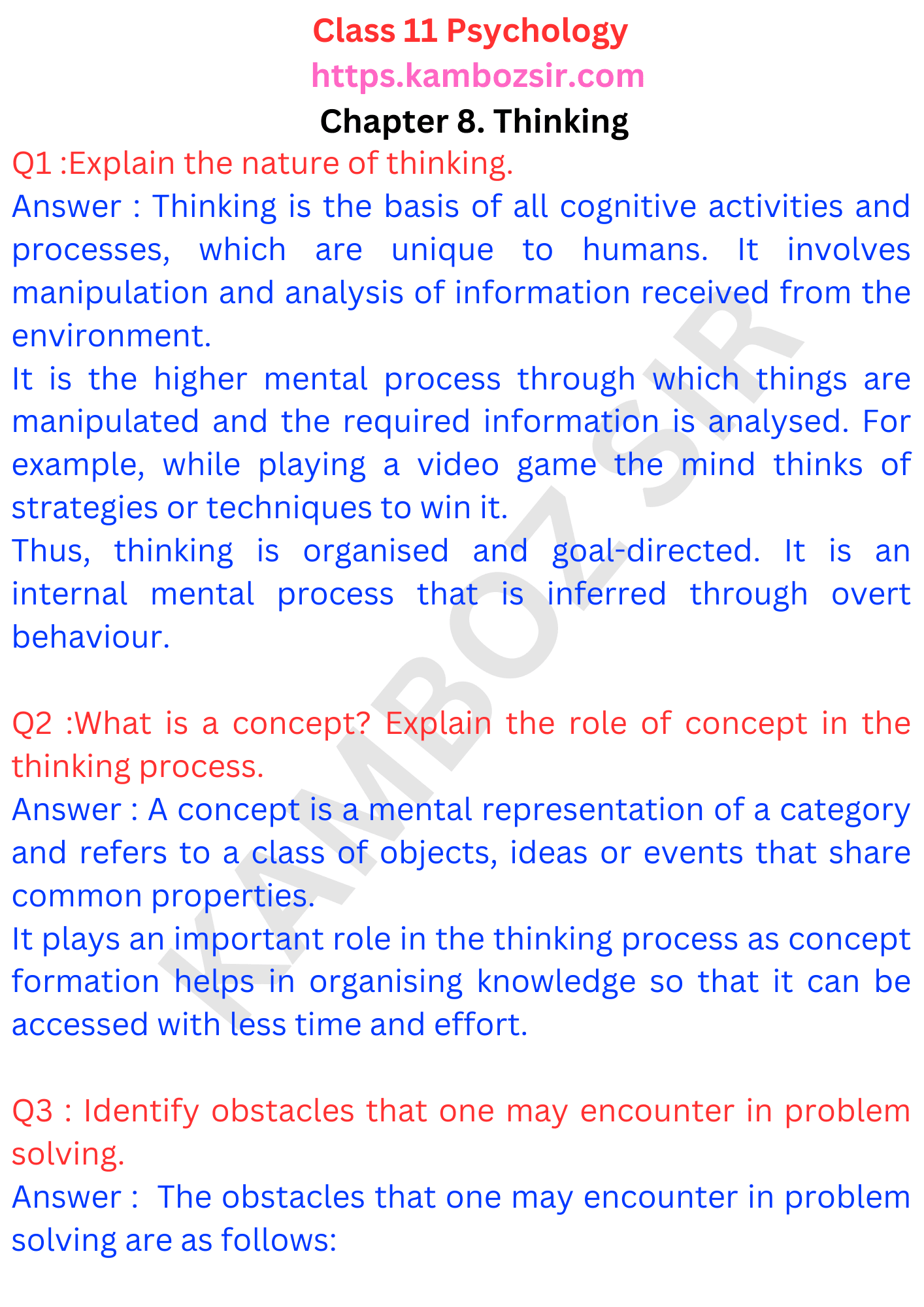 Class 11 Psychology Chapter 8 Thinking Solution - kamboz sir