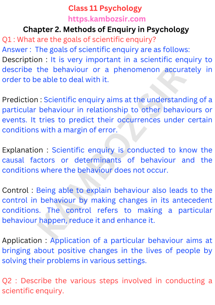 Class 11 Psychology Chapter 2. Methods of Enquiry in Psychology Solution