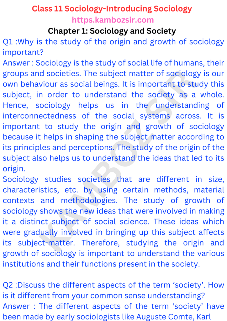 Class 11 Sociology Chapter 1 Sociology and Society Solution