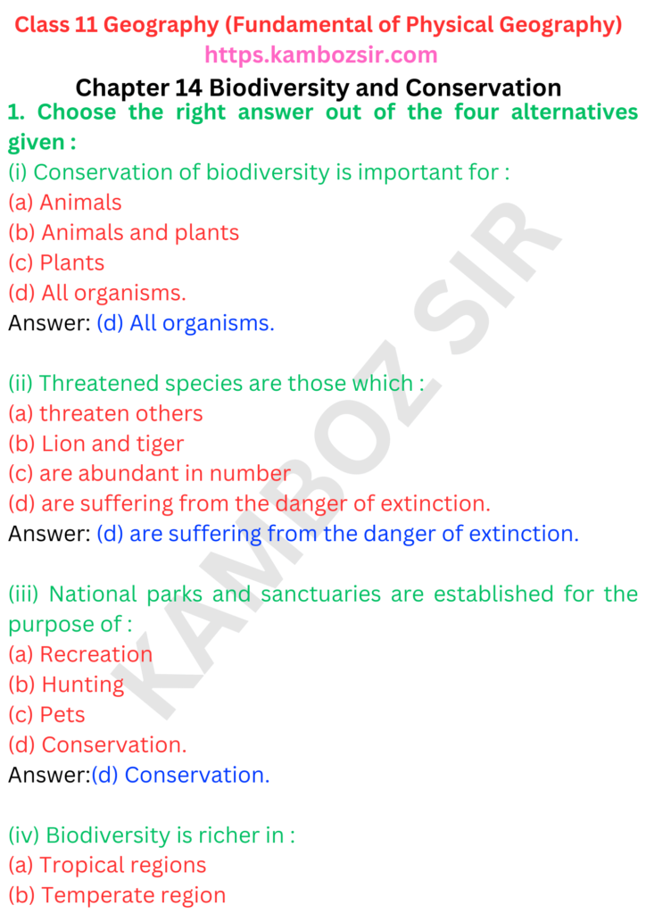 Class 11 Geography Chapter 14 Biodiversity and Conservation Solution