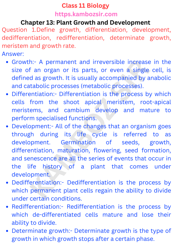 Class 11th Biology Chapter 13 Plant Growth and Development Solution