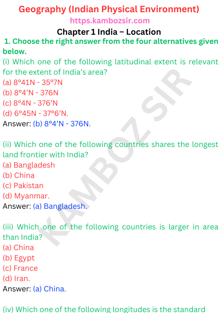 Class 11 Geography Chapter 1 India Location Solution