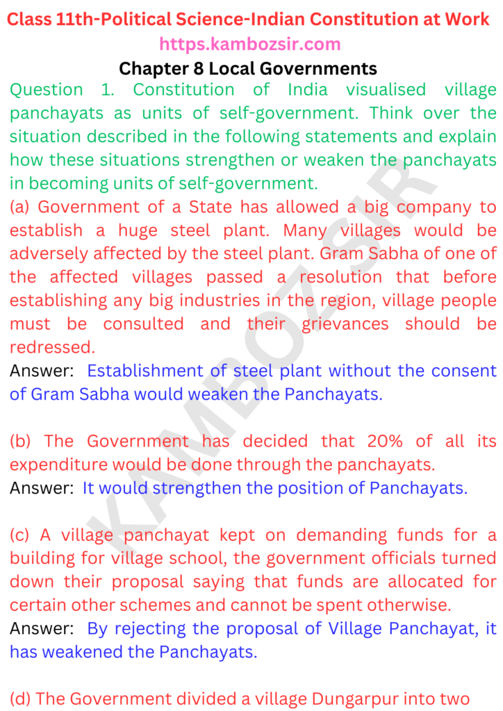 Class 11th Political Science Chapter 8 Local Governments Solution