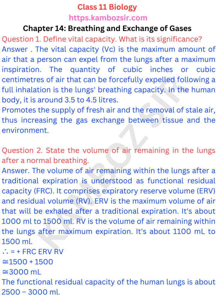 Class 11th Biology Chapter 14 Breathing and Exchange of Gases Solution