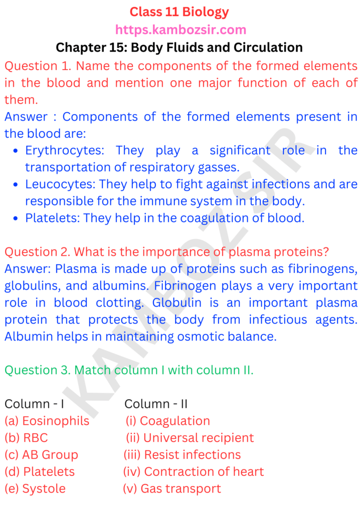 Class 11th Biology Chapter 15 Body Fluids and Circulation Solution
