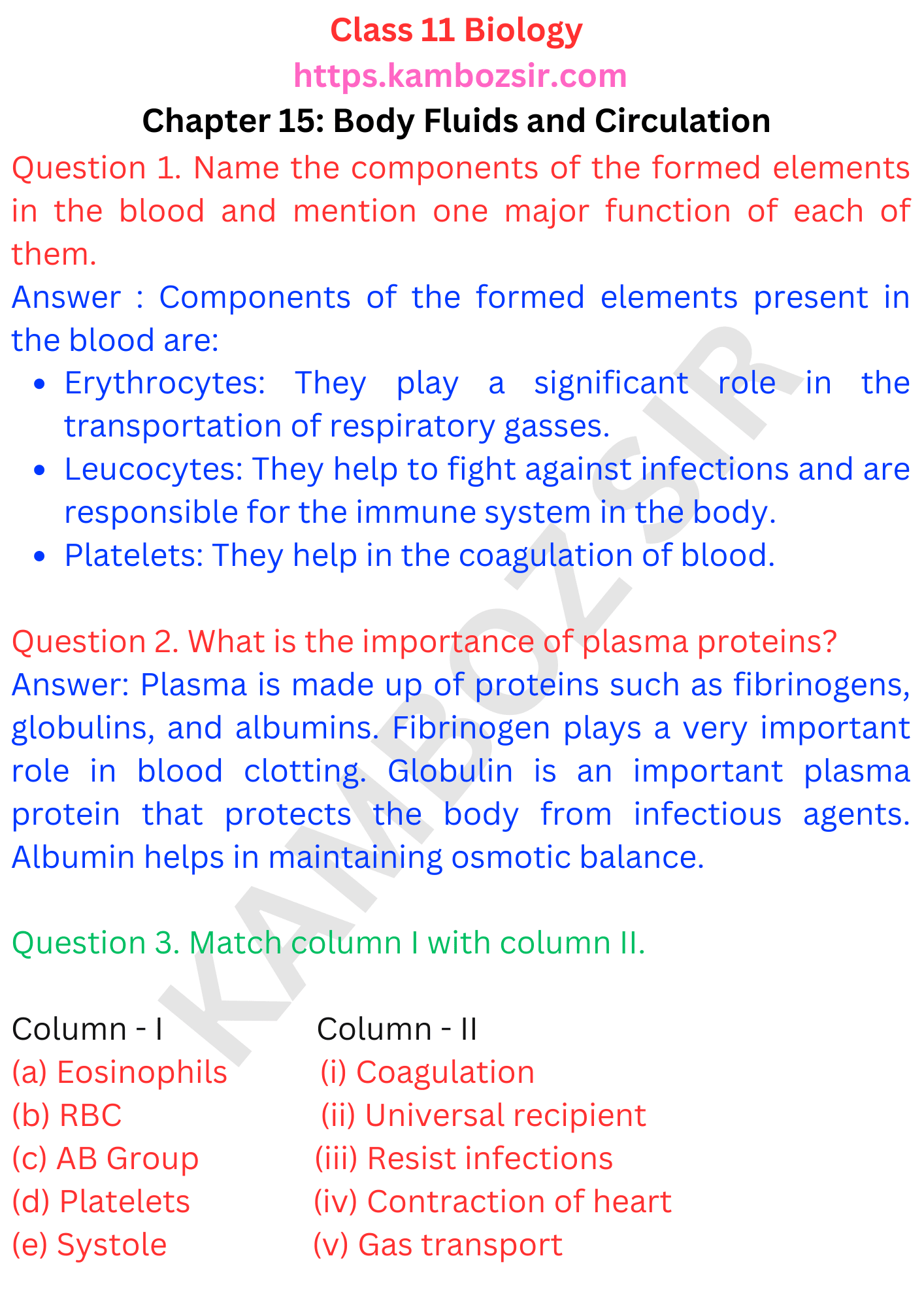 class 11 biology chapter 15 question answer body fluids and circulation