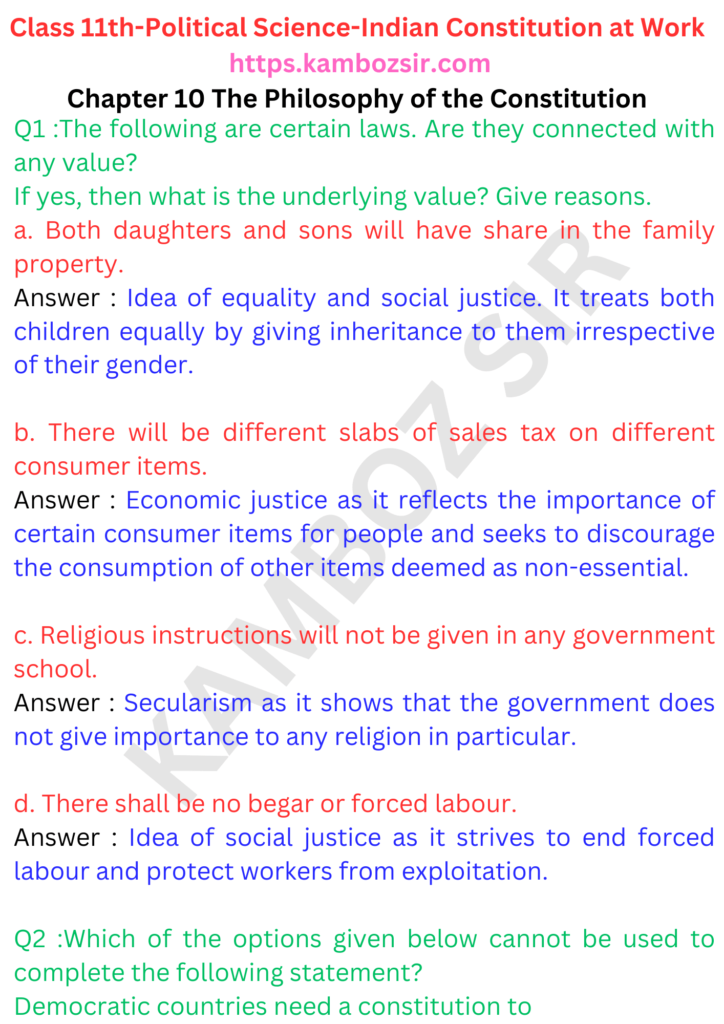 Class 11th Political Science Chapter 10 The Philosophy of the Constitution Solution