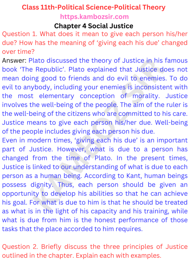 Class 11th Political Science Chapter 4 Social Justice Solution