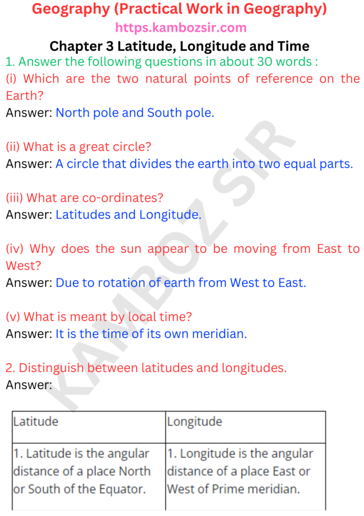 Class 11 Geography Chapter 3 Latitude Longitude and Time Solution