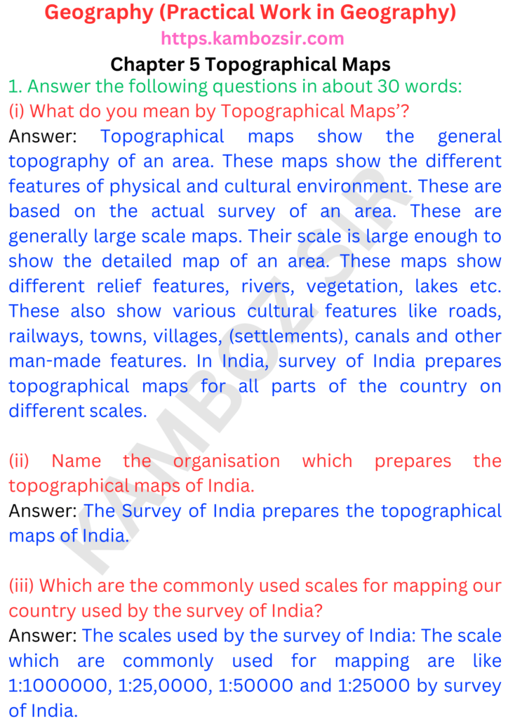 Class 11 Geography Chapter 5 Topographical Maps Solution