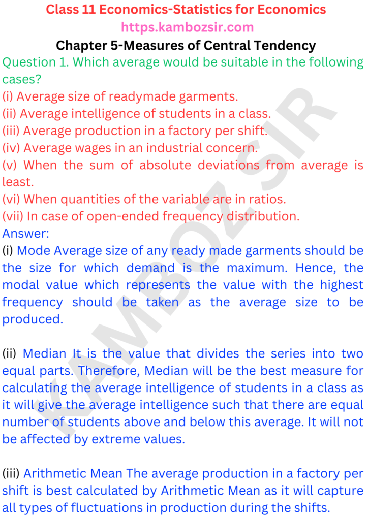 Class 11 Economics Chapter 5-Measures of Central Tendency Solution