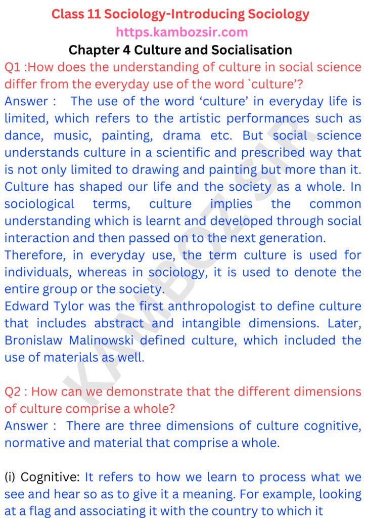 Class 11 Sociology Chapter 4 Culture and Socialisation Solution