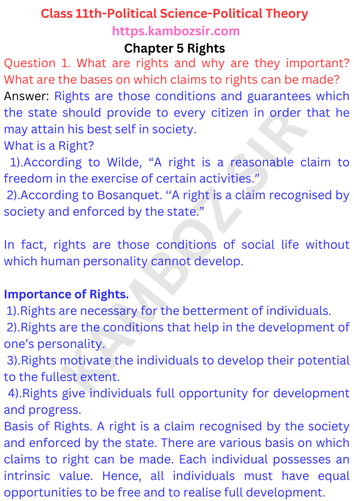 Class 11th Political Science Chapter 5 Rights Solution