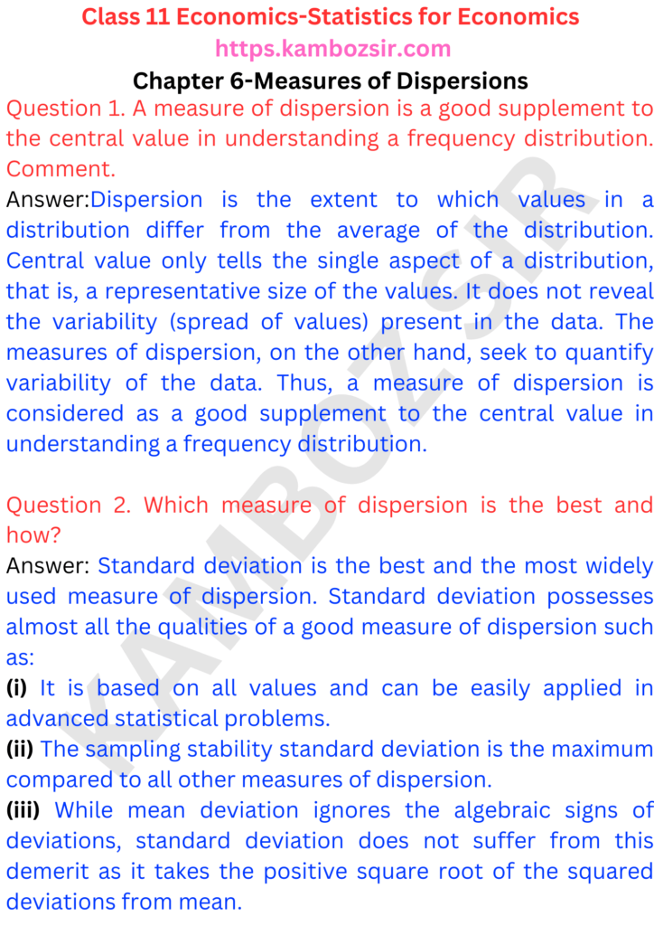 Class 11 Economics Chapter 6-Measures of Dispersions Solution