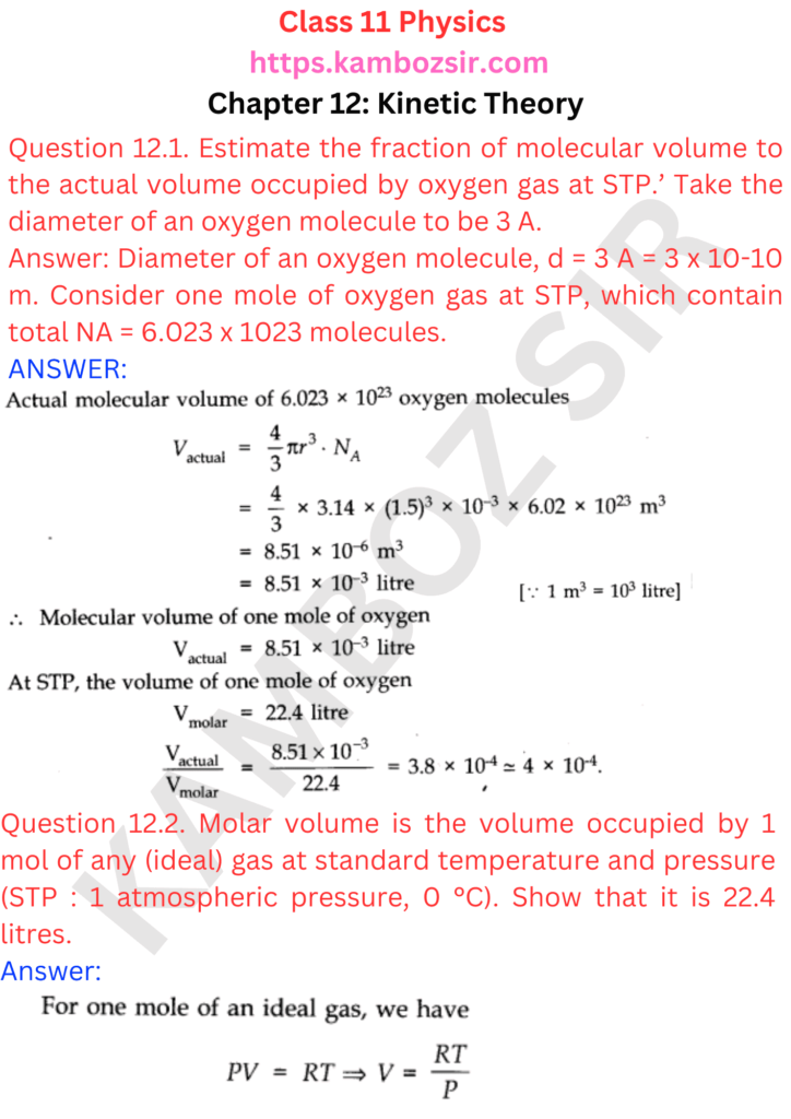 Class 11th Physics Chapter 12: Kinetic Theory Solution