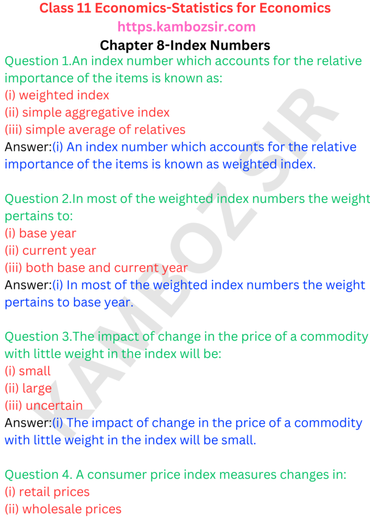 Class 11 Economics Chapter 8-Index Numbers Solution