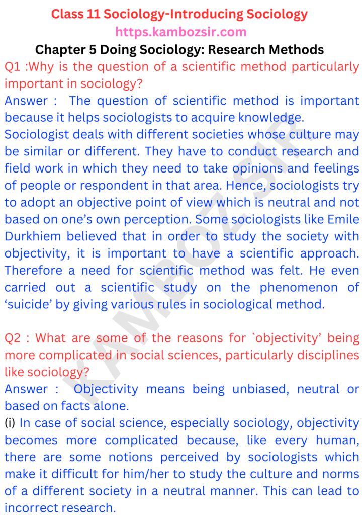Class 11 Sociology Chapter 5 Doing Sociology: Research Methods Solution