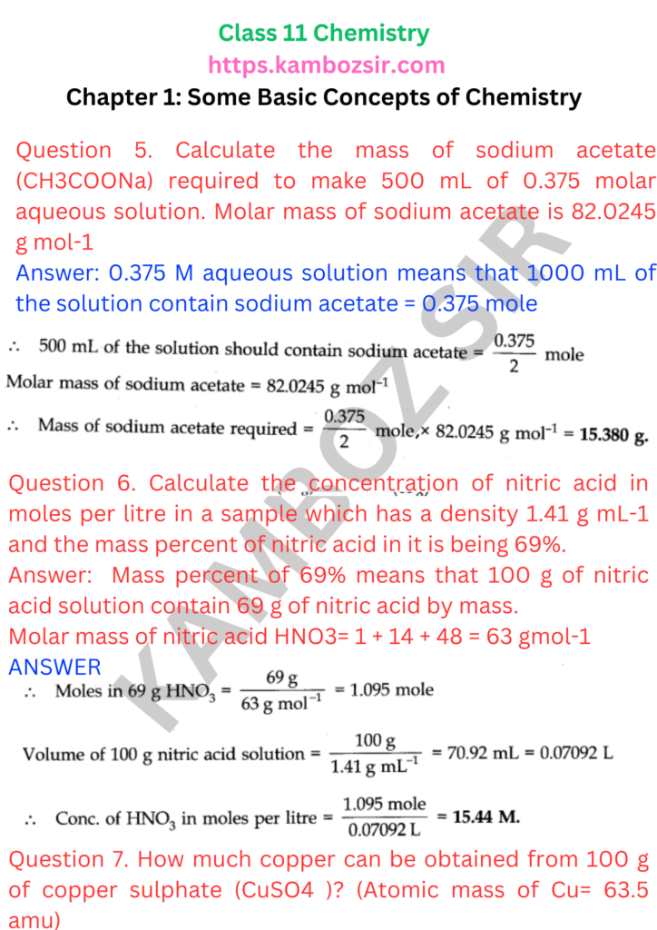 Class 11th Chemistry Chapter 1: Some Basic Concepts of Chemistry Solution