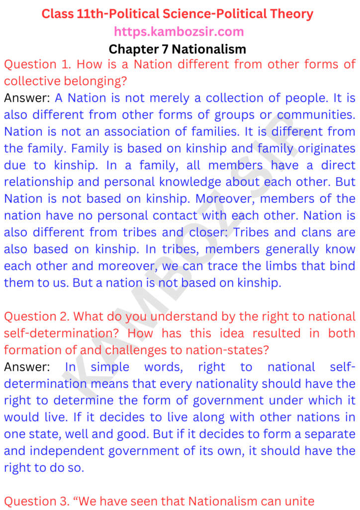 Class 11th Political Science Chapter 7 Nationalism Solution