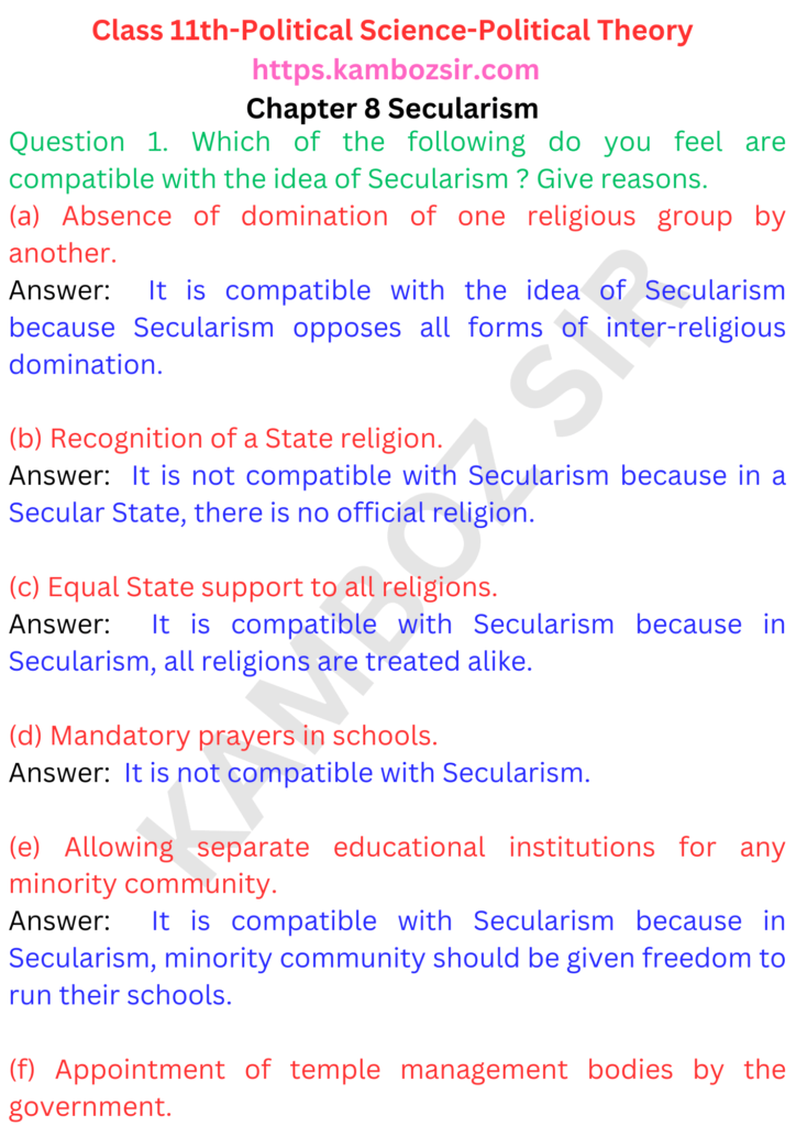 Class 11th Political Science Chapter 8 Secularism Solution