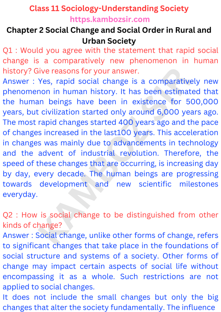 Class 11 Sociology Chapter 2 Social Change and Social Order in Rural and Urban Society Solution
