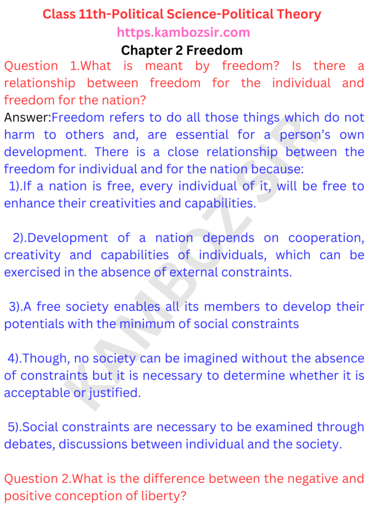 Class 11th Political Science Chapter 2 Freedom Solution